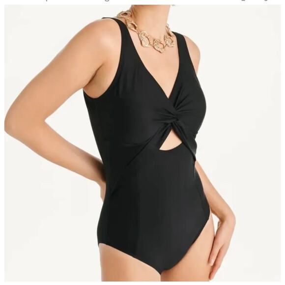 DKNY Black Deep V Neck Twist Front One Piece Swim Suit 16 NWT - Picture 1 of 4